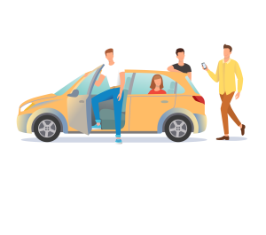 An illustration shows a yellow car with three people, one getting out, one looking out the back window, and another standing nearby looking at a phone.