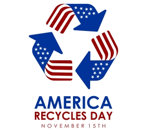 American flag in the shape of recycle sign with the words "America recycles day. November 15th"