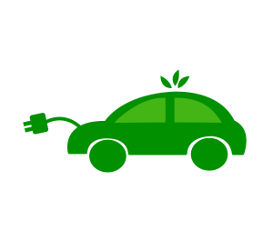  A stylized green car with a charging plug attached and green leaves on its roof is depicted against a transparent background.